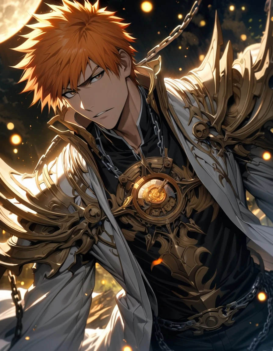 absurdres, highres, ultra detailed, HDR, master piece, best quality, extremely detailed face and eyes, perfect face, Kurosaki Ichigo, expressive brown eyes, orange hair, bleach, solo, sexy man, handsome, white coat, black pants, clock mechanical moon, fantasy, chains, fireflies