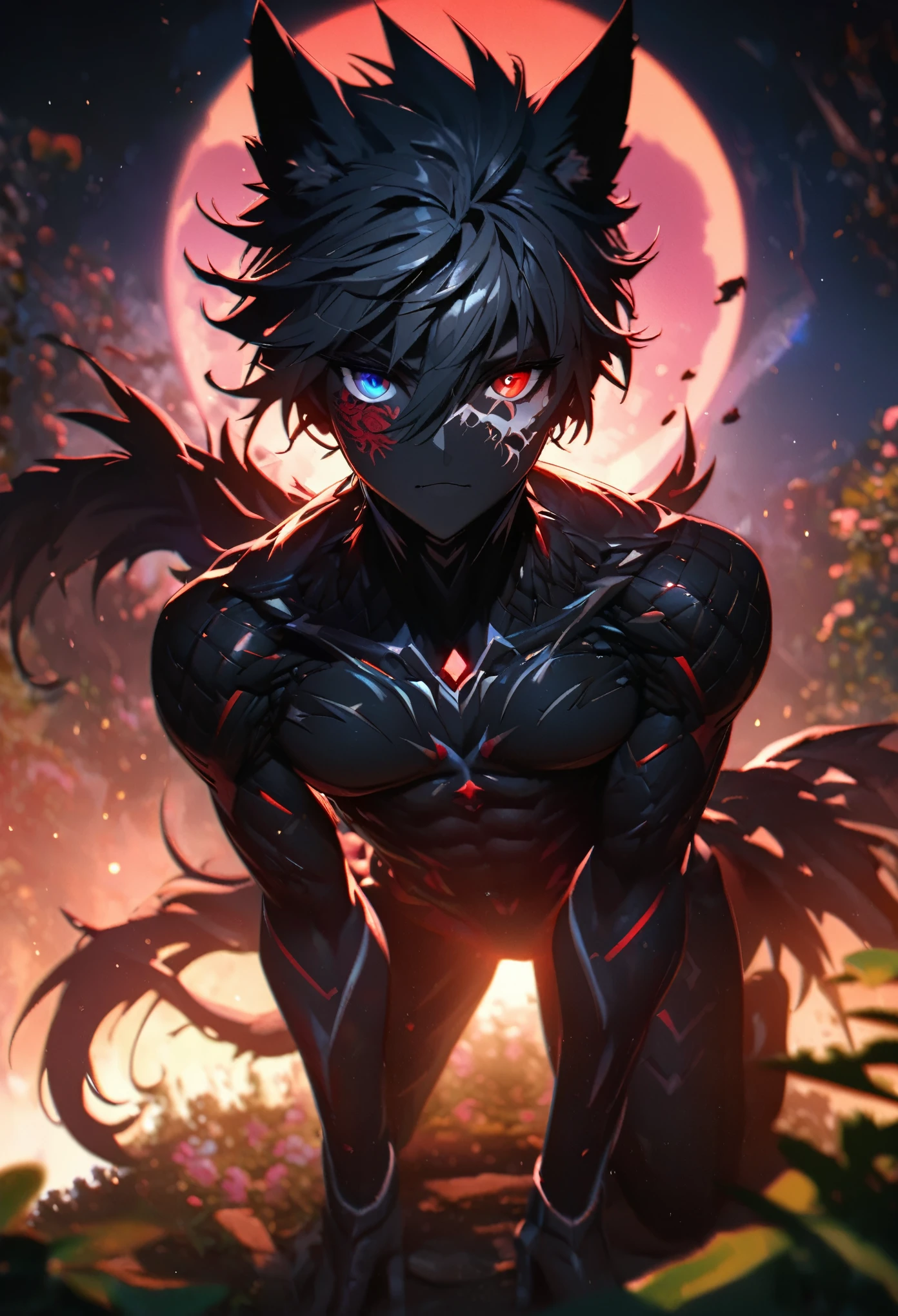 male alpha wolf in garden, black skin, red tattoo, waning moon tattoo on chest, ((heterochromia, blue left eye, red right eye)) dreamy background, kindness, unlimited light, magnificent sunset background, octane render, beautiful features, beautifully detailed eyes, intricate skin, detailed face, perfect skin texture, extreme details, full body vision, cinematic lighting,  professional lighting, centered, looking at camera, 8k, shooting with Hasselblad X1D-50, maximum focus, depth of field, perfect lighting, light particles, (best quality), (masterpiece), (ultra detailed), sharp focus, light particles