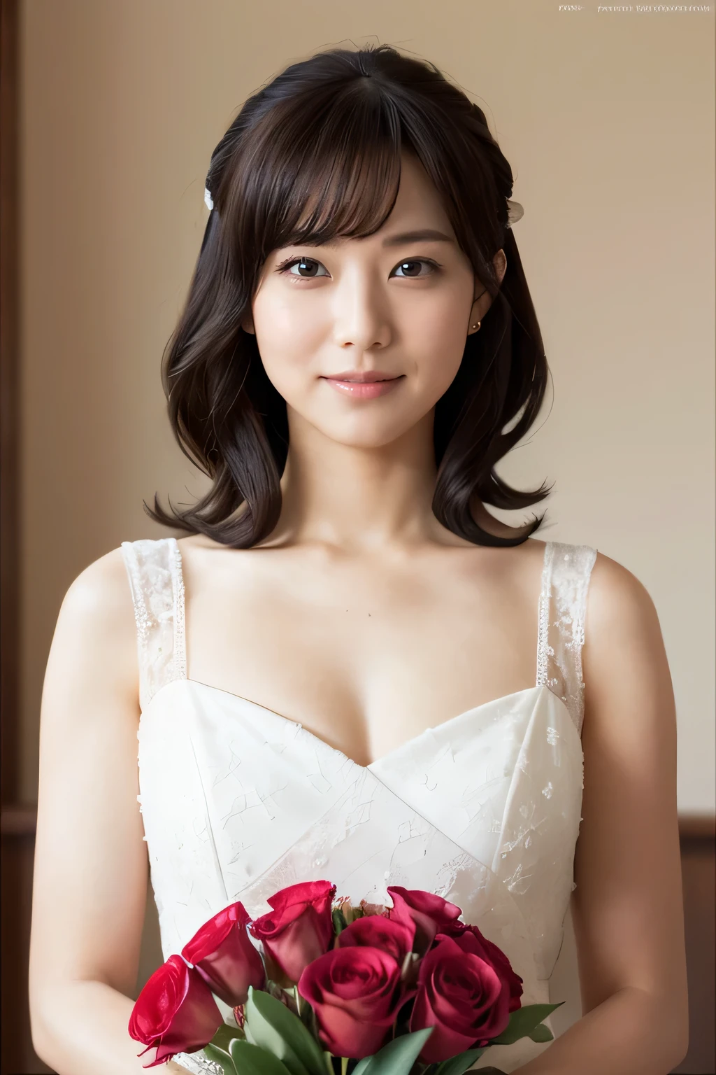 Medium View, Medium Shot, Written boundary depth, bust, Upper Body, Cinematic Angles, masterpiece, highest quality, Very detailed, cg, 8K Wallpaper, Beautiful Face, Delicate eyes, Otome, alone, smile, bangs, have,gray colored dresses, bow, petal, bouquet