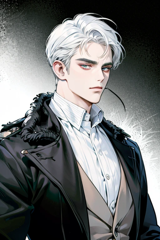 (masterpiece, best quality:1.2), (absurd res, high res, ultra detailed), 1 male, adult, handsome, tall muscular guy, broad shoulders, white hair, finely detailed eyes, portrait, looking at viewer, solo, half shot, detailed background, detailed face, (gothic), smirk, vampire, dark leather, high fantasy,, stealth, undercover, (crates in background), shadows, fog, (dutch angle), closed mouth,