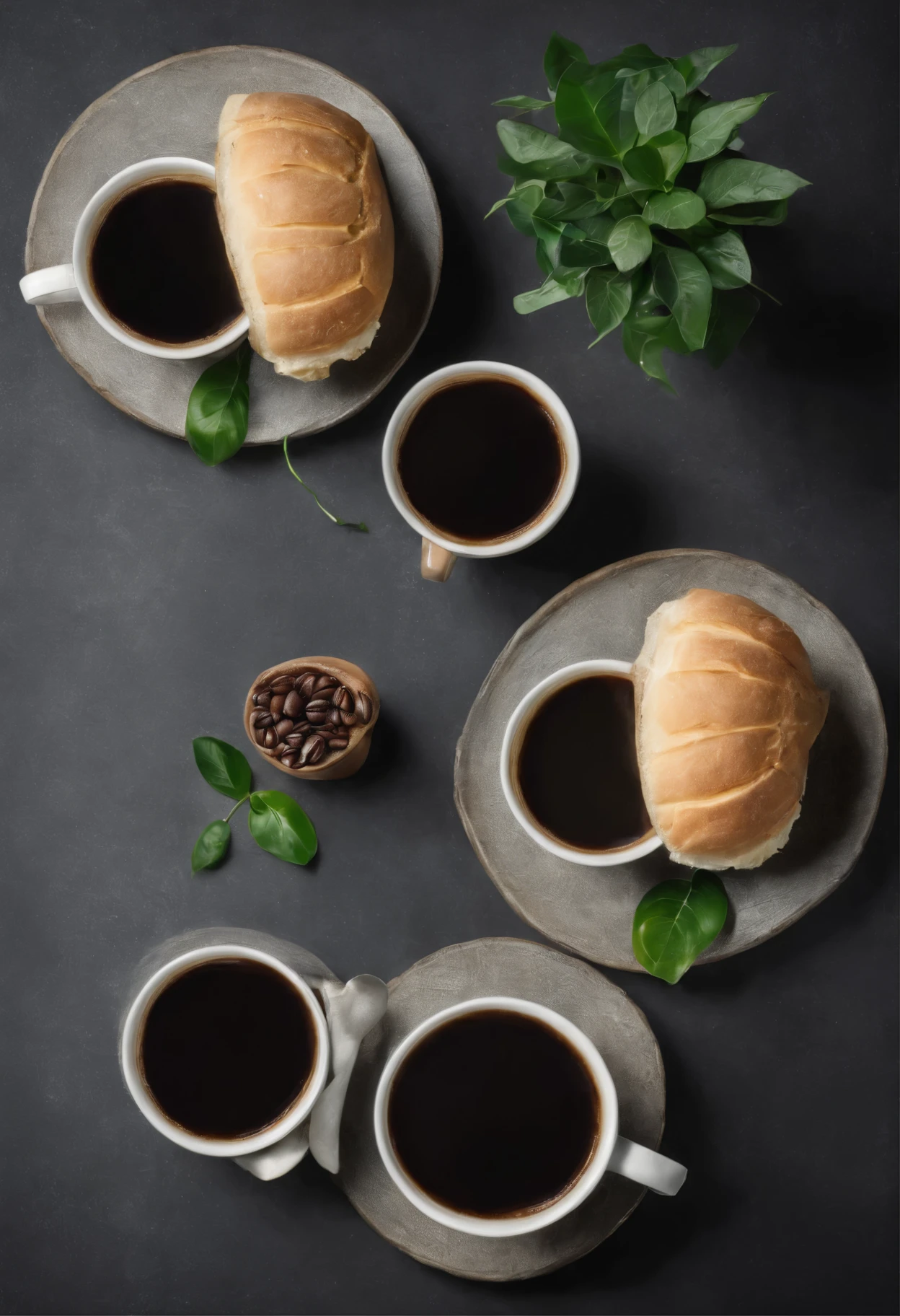 Cups of coffee with Italian sandwiches, en un ambiente acogedor con algunas plantas