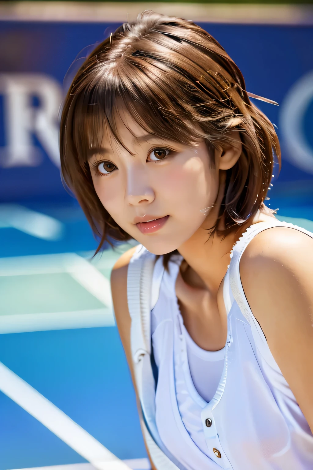 Woman smashing on outdoor tennis court、(Realistic、Like a photograph、Live Action、, Realistic, RAW Photos, Best image quality: 1.4), Single-lens reflex camera、RAW Photos, Highest quality, Realistic, Very detailed CG Unity 8k wallpaper, Written boundary depth, Cinematic Light, Lens flare, Ray Tracing, Realistic background、Many people:1.4、(Tennis Player:1.4、Tennis uniform:1.3、Toned body)、((Ultra-dense skin))、 woman,Cute Japanese Tennis Player、((Smash stance、((whole body:1.5))、During the game:1.1、Serious expression on the court))、Pink inner color hair、short hair:1.2、tie your hair with a hair clip、I like that style、stylish、Very detailed、Pay attention to the details、Perfect outfit、(Sunburned skin)、Beautiful legs:1.1、Side view