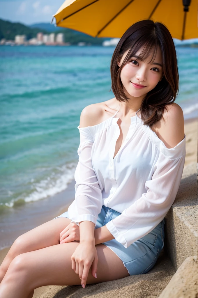 (Photographed by a professional photographer:1.2), high quality, Realistic, Best image quality:1.3, (RAW Photos:1.1), Amateur models, (Accurate skeleton:1.2), (Attention to detail:1.1), 30 years old, Japanese women,(Beach), (White blouse:1.2, hot pants:1.2),Off the shoulder, barefoot, Looking at the camera:1.1, look at the person you like, Gentle expression, I can see your thighs, Warm sunshine,(Fine grain:1.1), (Detailed hand), (Detailed feet), smile:0.2, Cleavage:0.2, Medium Chest, Sweat:0.2, 