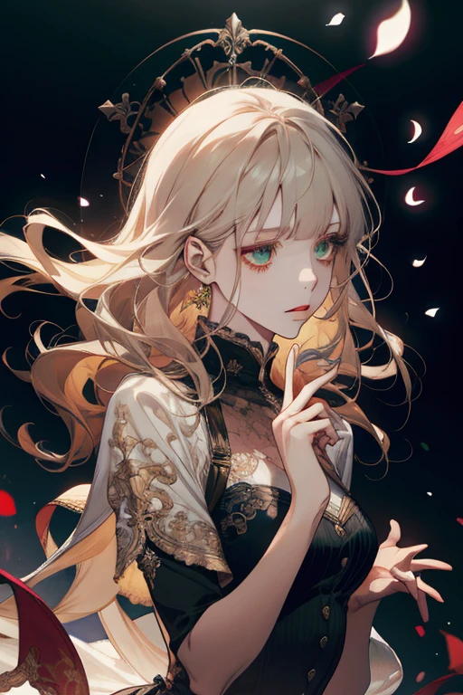 (absurdres, highres, ultra detailed), 1girl, mature female, wavy blonde hair, long hair, blunt bangs, green eyes, pink dress, finely detailed eyes and detailed face, extremely detailed CG unity 8k wallpaper, intricate details, BREAK , kaleidoscopic imagery, symmetrical patterns, vibrant colors, geometric shapes, mesmerizing designs, optical illusions, dynamic composition BREAK , pantomime art, expressive body language, silent storytelling, evocative gestures, visual narratives, theatrical performances BREAK , blooming flowers, colorful petals, fragrant scents, nature's bounty, vibrant gardens, peaceful scenery