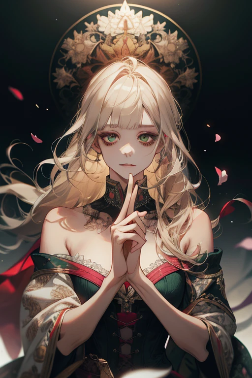 (absurdres, highres, ultra detailed), 1girl, mature female, wavy blonde hair, long hair, blunt bangs, green eyes, pink dress, finely detailed eyes and detailed face, extremely detailed CG unity 8k wallpaper, intricate details, BREAK , kaleidoscopic imagery, symmetrical patterns, vibrant colors, geometric shapes, mesmerizing designs, optical illusions, dynamic composition BREAK , pantomime art, expressive body language, silent storytelling, evocative gestures, visual narratives, theatrical performances BREAK , blooming flowers, colorful petals, fragrant scents, nature's bounty, vibrant gardens, peaceful scenery