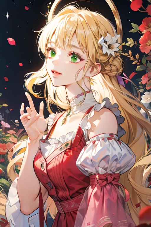 (absurdres, highres, ultra detailed), 1girl, mature female, wavy blonde hair, long hair, blunt bangs, green eyes, pink dress, finely detailed eyes and detailed face, extremely detailed CG unity 8k wallpaper, intricate details, BREAK , kaleidoscopic imagery, symmetrical patterns, vibrant colors, geometric shapes, mesmerizing designs, optical illusions, dynamic composition BREAK , pantomime art, expressive body language, silent storytelling, evocative gestures, visual narratives, theatrical performances BREAK , blooming flowers, colorful petals, fragrant scents, nature's bounty, vibrant gardens, peaceful scenery