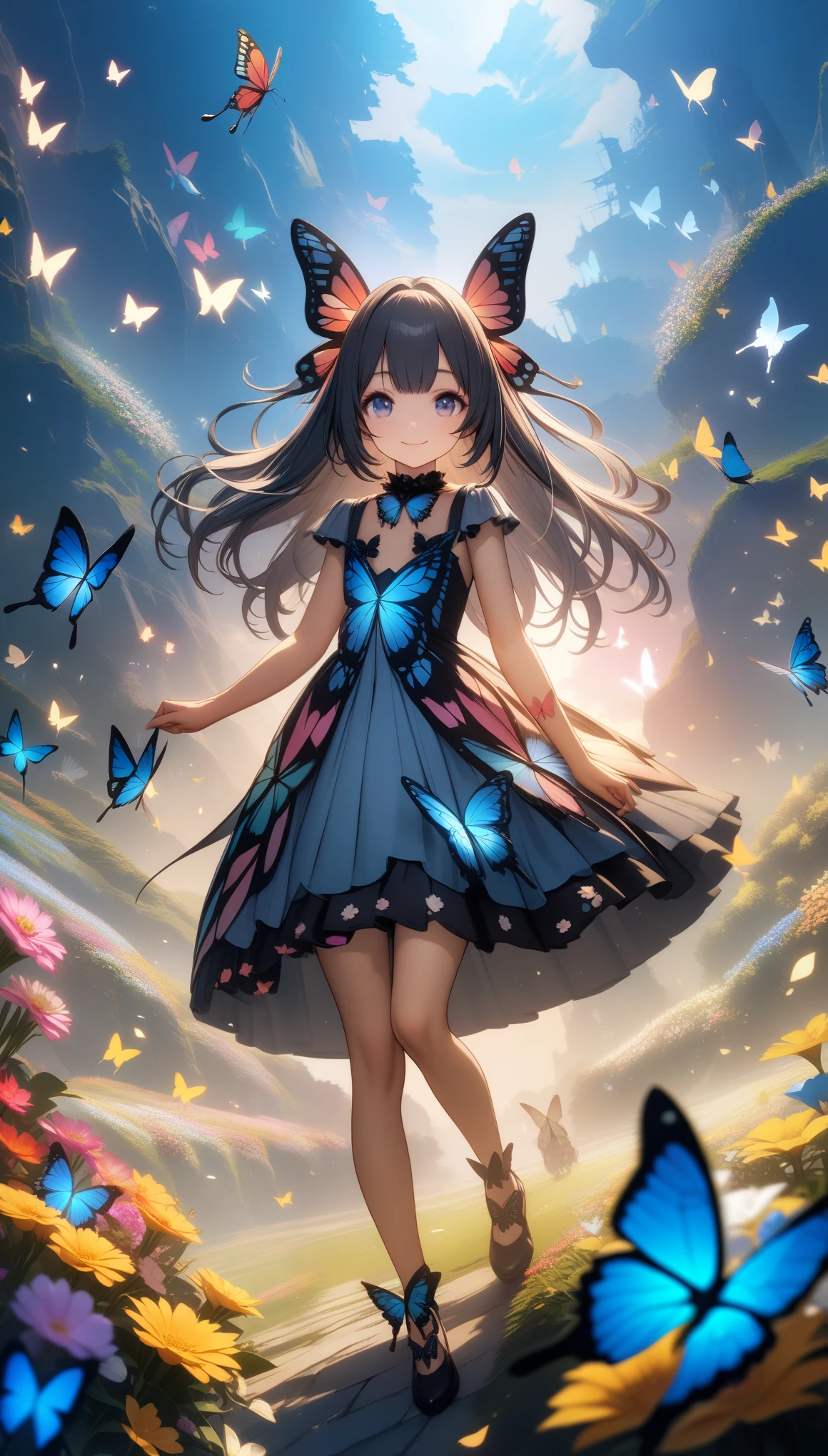 32k, best quality, ultra high res, HDR, UHD, extremely detailed CG, unity 32k wallpaper, (32k), (beautiful cute girl), (butterfly ornament), (butterfly dress), ((many butterflies)), (((background of many flowers
))), (((bright background))), (beautiful world), (cute world), smile, 