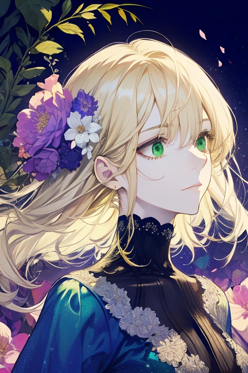 (absurdres, highres, ultra detailed), 1girl, mature female, wavy blonde hair, long hair, blunt bangs, green eyes, pink dress, finely detailed eyes and detailed face, extremely detailed CG unity 8k wallpaper, intricate details, BREAK , kaleidoscopic imagery, symmetrical patterns, vibrant colors, geometric shapes, mesmerizing designs, optical illusions, dynamic composition BREAK , pantomime art, expressive body language, silent storytelling, evocative gestures, visual narratives, theatrical performances BREAK , blooming flowers, colorful petals, fragrant scents, nature's bounty, vibrant gardens, peaceful scenery