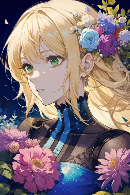 (absurdres, highres, ultra detailed), 1girl, mature female, wavy blonde hair, long hair, blunt bangs, green eyes, pink dress, finely detailed eyes and detailed face, extremely detailed CG unity 8k wallpaper, intricate details, BREAK , kaleidoscopic imagery, symmetrical patterns, vibrant colors, geometric shapes, mesmerizing designs, optical illusions, dynamic composition BREAK , pantomime art, expressive body language, silent storytelling, evocative gestures, visual narratives, theatrical performances BREAK , blooming flowers, colorful petals, fragrant scents, nature's bounty, vibrant gardens, peaceful scenery
