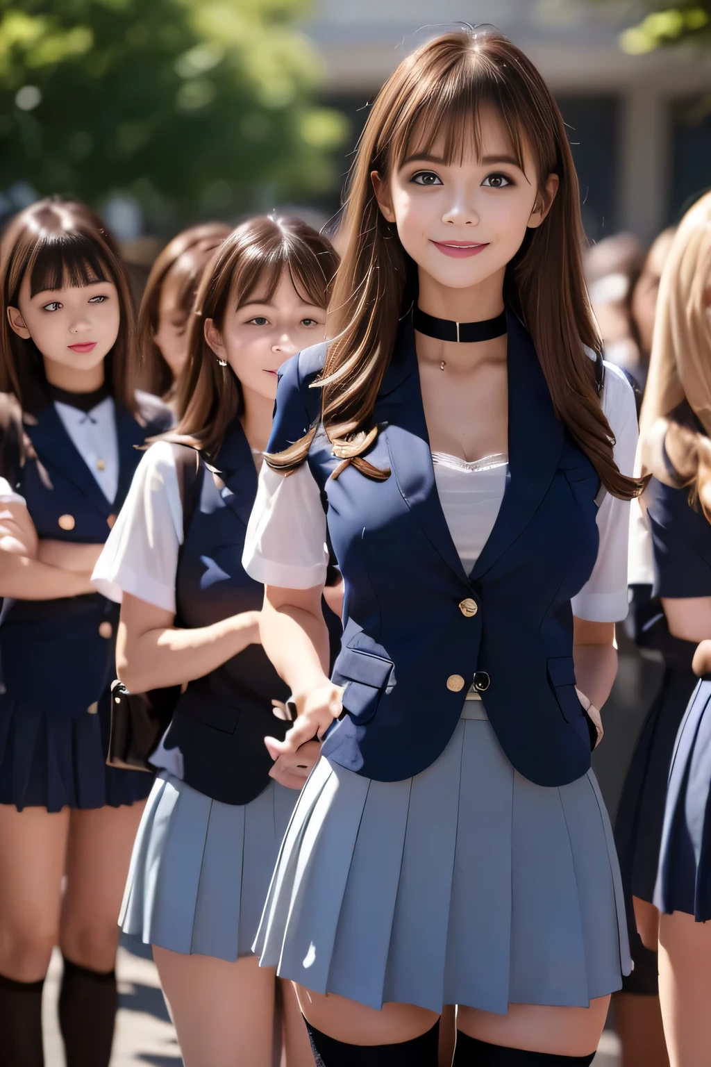 ((masterpiece, High resolution)), ((Thousands, crowd)), girl, group, clone, (( brown haired girl, blonde girl)), elegant, rich girl, Emotionless, Arms at sides, Straight spine, (((Matching outfits, Same clothes, Navy blue uniform, Sexy Uniform, Navy Blue Blazer, Short skirt, White knee socks, Long white socks, Black high heels))), Standing side by side, shoulder to shoulder, Same pose, The sisters are lined up in an orderly fashion, Many lines, crowd Shot, ((Black Choker, blue eyes, Very long eyelashes, bangs, Big Breasts, smile)),slim、lecture hall、((See-through shirt, Big Breasts)),lecture