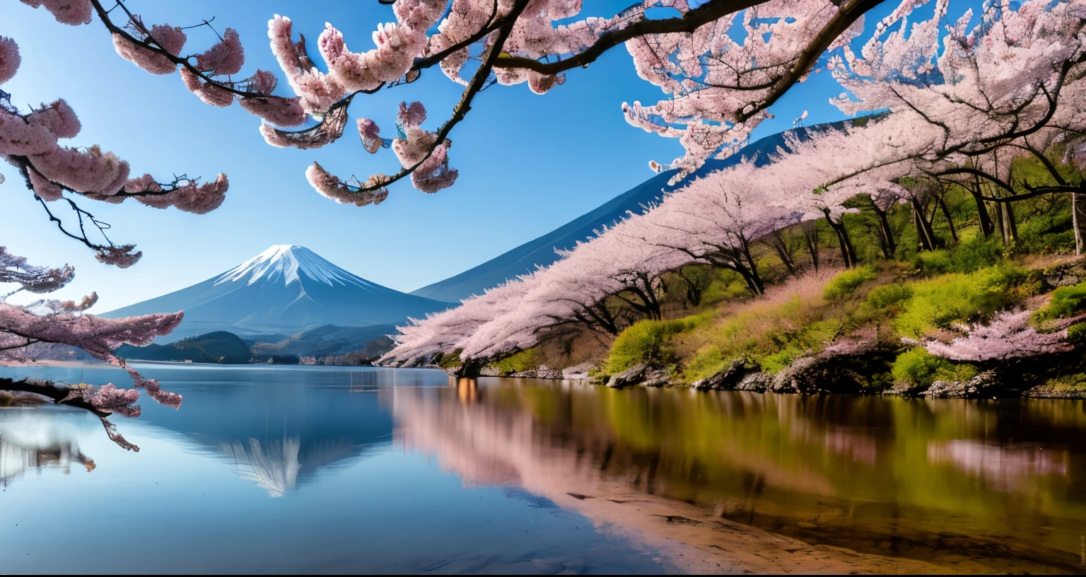 RAW photo of Meters. Fuji Mountain, Meters. Fuji Mountain one, We don&#39;t need another mountain, Delicate and beautifully realistic, detailed, Realistic, Ultra-realistic photos, 8K Ultra HD, Digital SLR, Sunny spring mountain, high quality, Film Grain, Fujifilm XT3, (masterpiece), majestic Meters. Daisen, Meters. Fuji Mountain reflected on the surface of the lake, Cherry blossoms are beautiful, The morning sun overlaps,