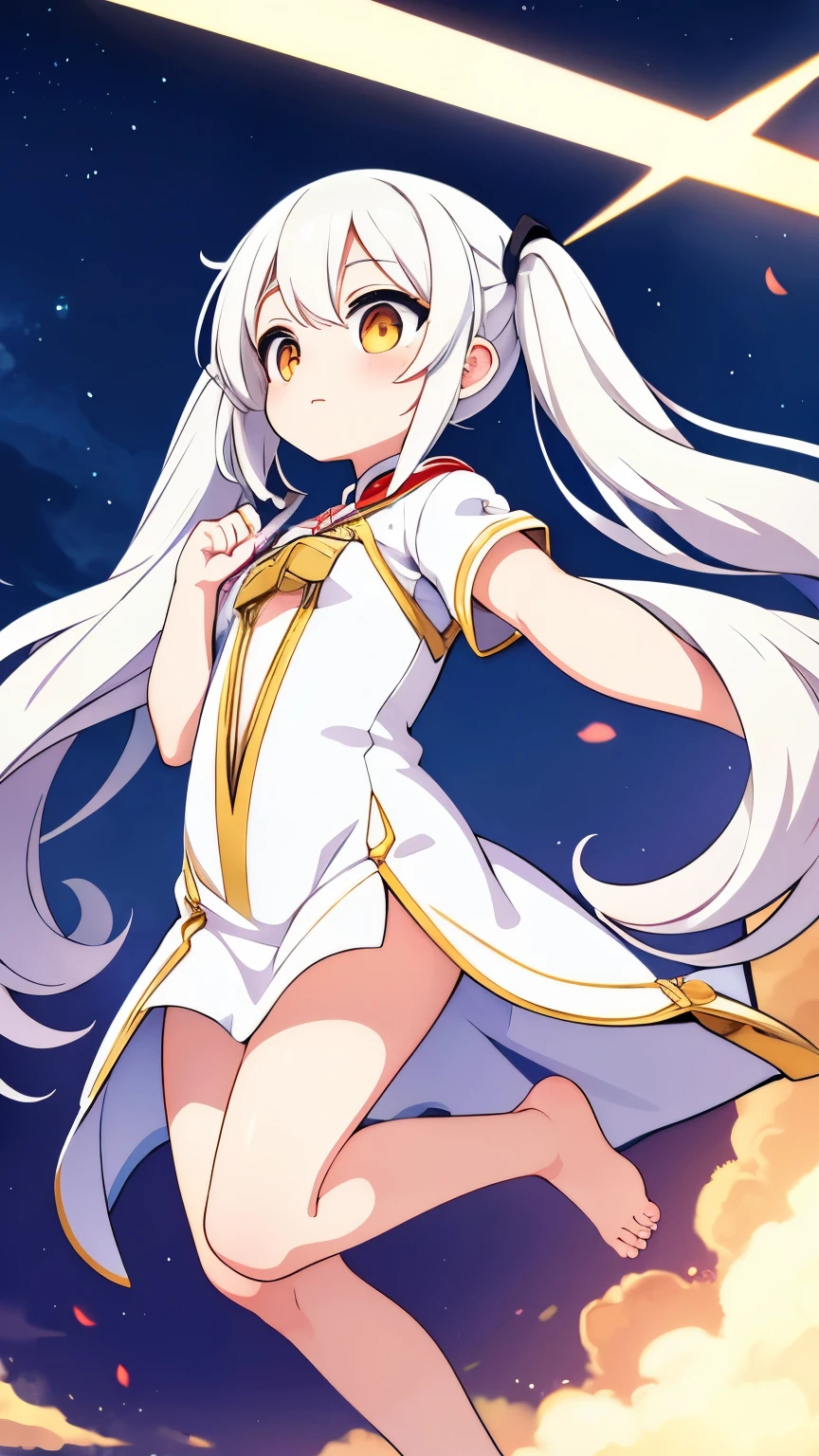 Age unknown,Unknown gender,Angel,She has super long white hair in twin tails.,Golden Eyes,White clothes,Barefoot,Flying in the sky