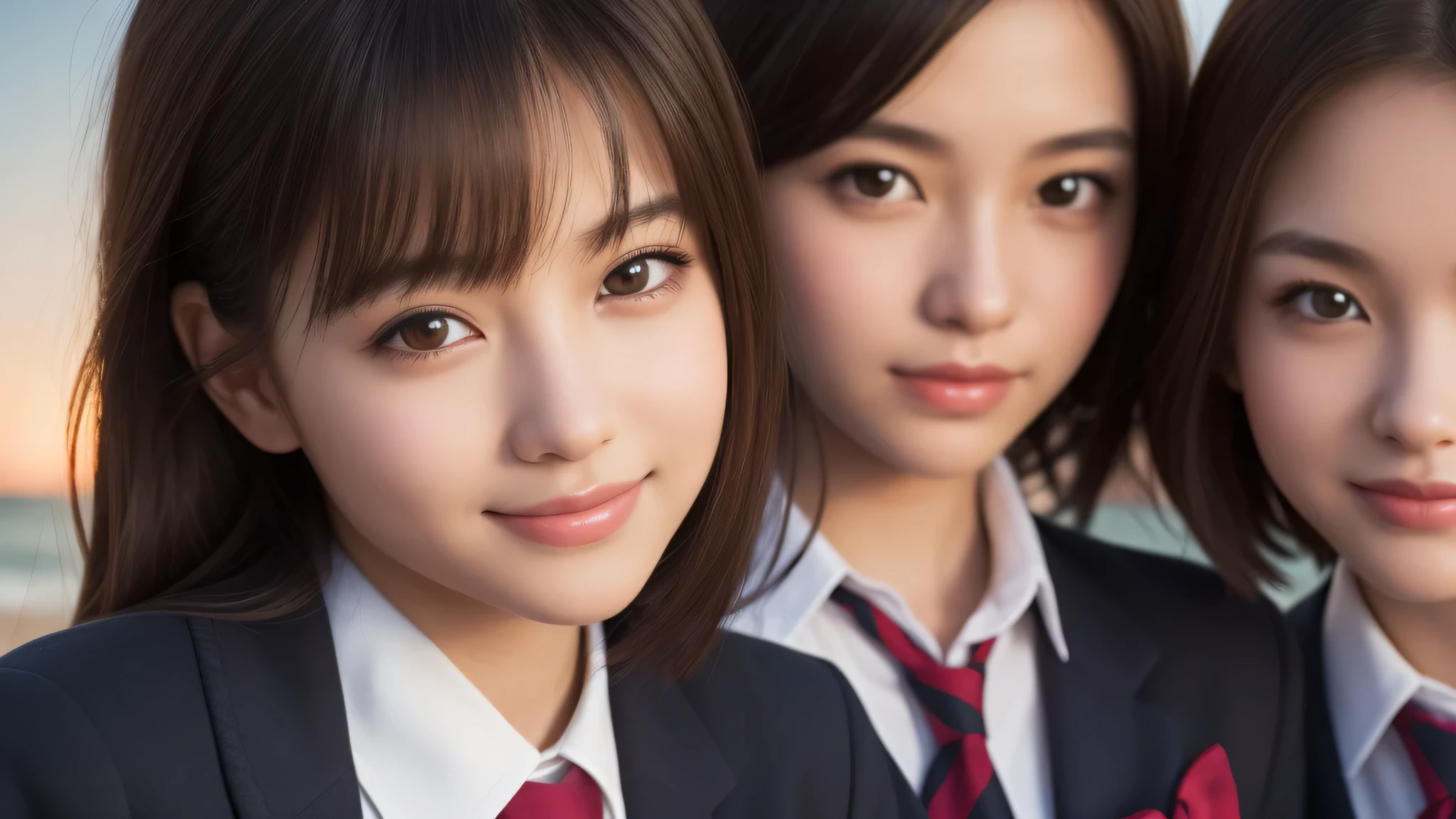 (3girl:1.2), (Medium Hair:1.3). enchanting smile, (Best Quality:1.4), Realistic, extremely detailed CG unified 8k wallpaper, highly detailed, High-definition raw color photos, professional photography, Realistic portrait, Cinematic Light, Beautiful detailed, Beautiful breasts, (Fine face:1.2), Close up portrait of girl, (high school uniform:1.2), Outdoors, (beach), sunset, beautiful, backlit, silhouette,