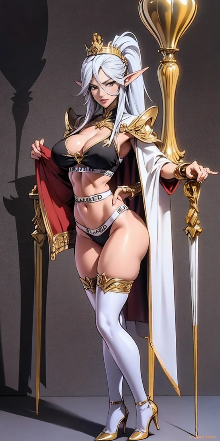 extremely long hair , ponytail, perfect anatomy 1 girl tall solo, slim thick, ((muscular)) high elf toned body, silver breast plate, blue cape, slender abs, hourglass waist, detailed face, defined cheekbones, puffy lips, gauntlets, gold crown, shadow over eyes, looking at viewer, masterpiece, white thigh highs lingerie, high heels