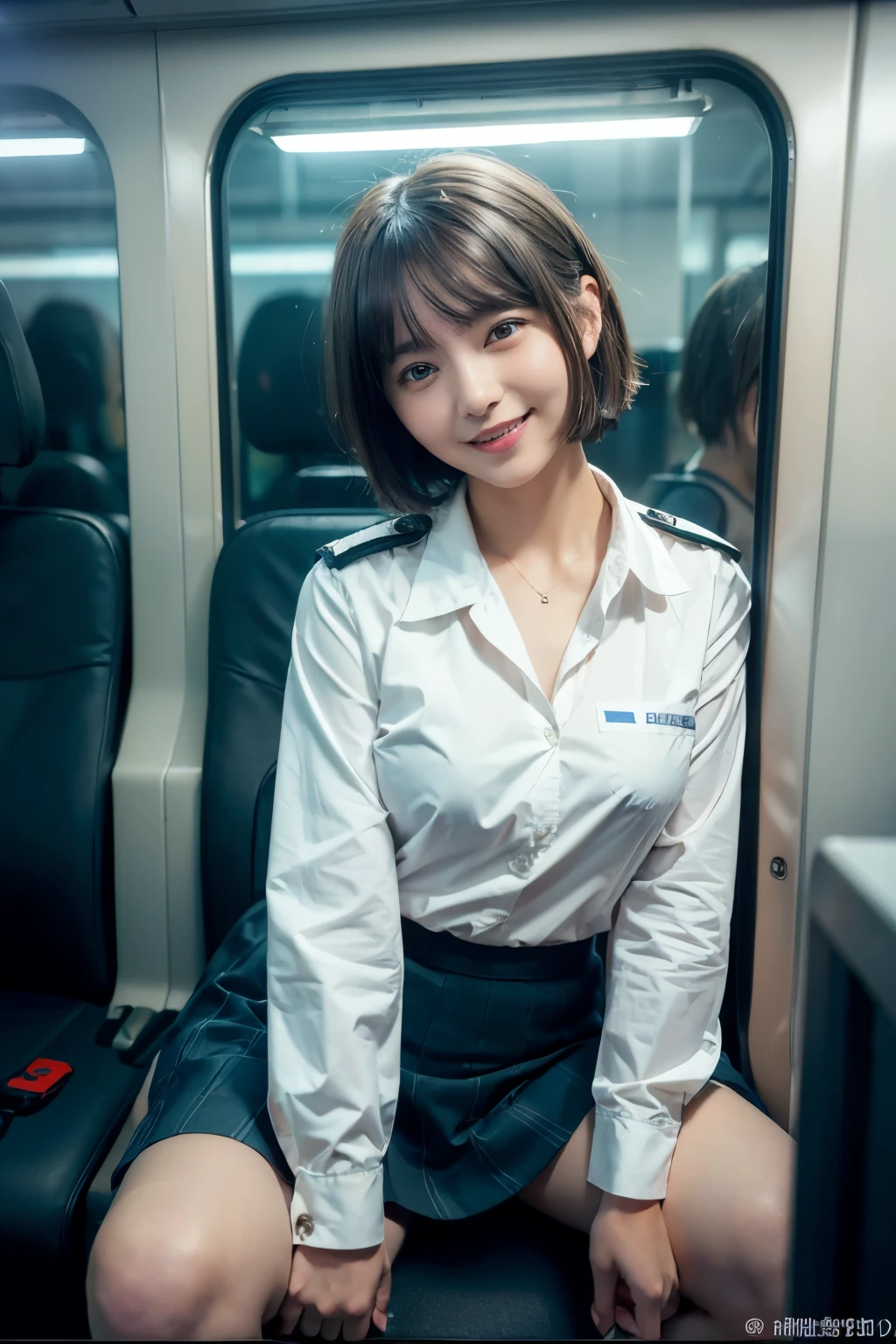 highest quality, masterpiece, Ultra-high resolution, (Reality: 1.4), Original photo, One girl, mature, White JK Uniform, happy smile, short hair, large chest , squatting on seat in train, Cinema Lighting, Landscape sheet、 The view from the train window