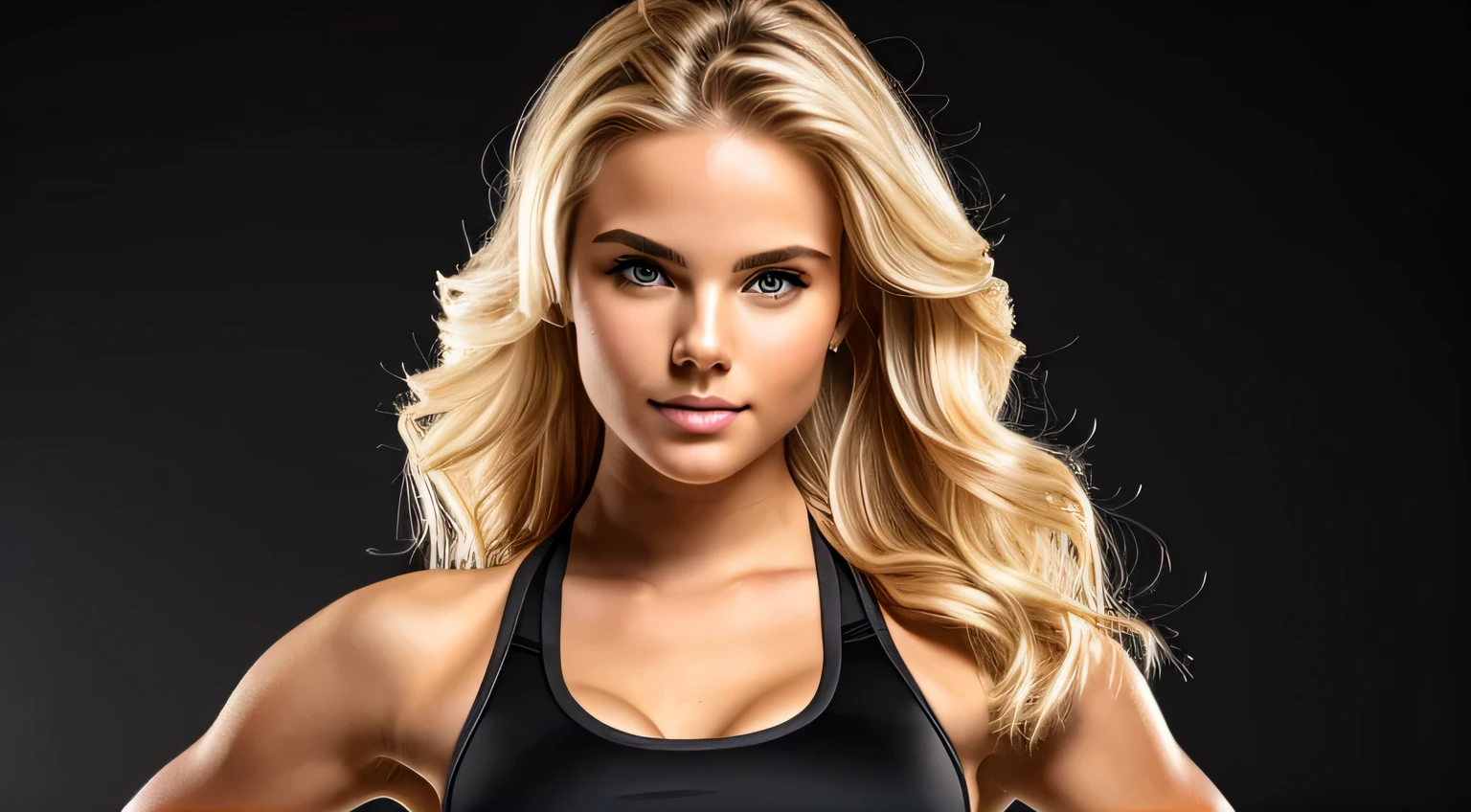 Blonde beauty　Young face　Detailed facial expression depiction　G sports bra　Black background　Draw the upper body and face　workout