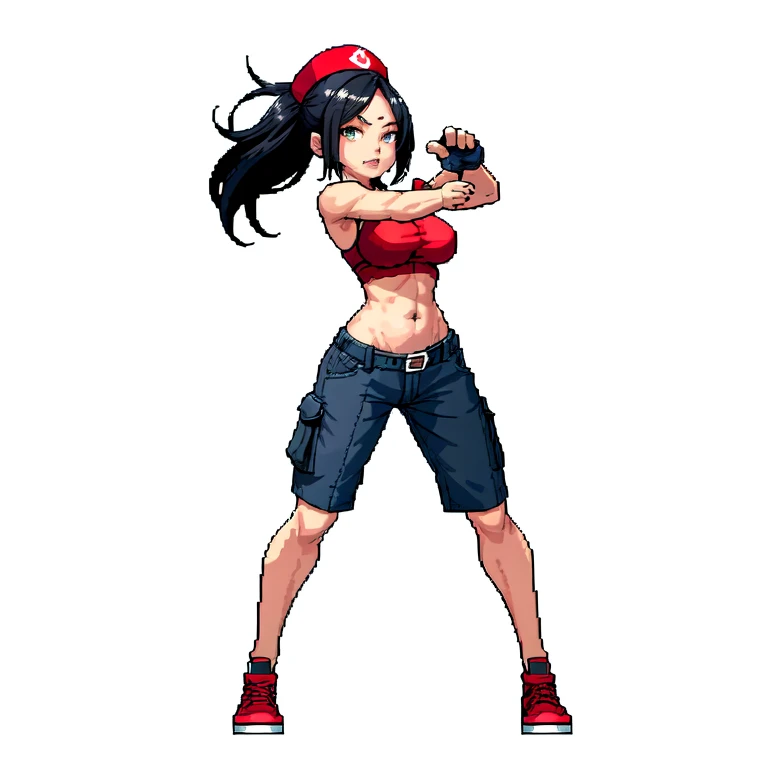 (masterpiece, top quality, best quality), pixel,pixel art,1girl,hat,red thong,cargo pants,black hair,punch power,full body, 
 