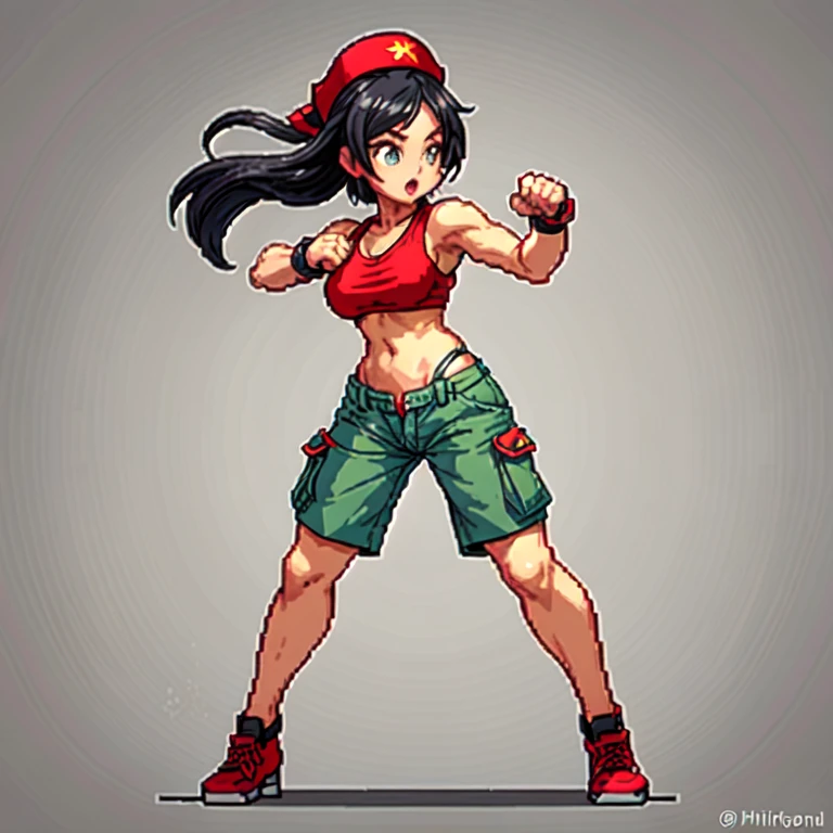 (masterpiece, top quality, best quality), pixel,pixel art,1girl,hat,red thong,cargo pants,black hair,punch power,full body,