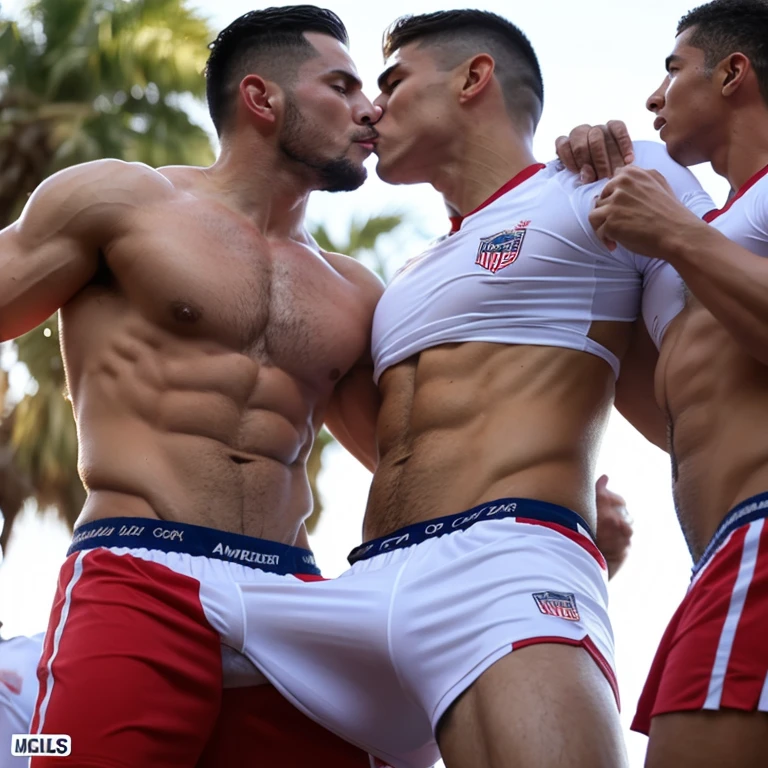 Capitan macho de futbol americano sumiso borracho y sin camisa, kissed and Abusado by a cheerleader gay man smaller, thinner y afeminado, bulto grande, desnudos, mostrando pectorales y abdominales completos,wet dreams, Big erection, besos, porno gay, fondled, Abusado, hiperrealismo