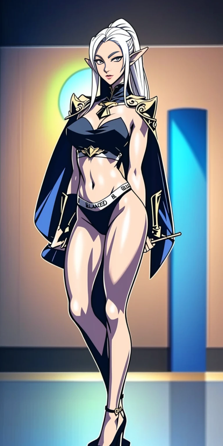 extremely long hair , ponytail, perfect anatomy 1 girl tall solo, slim thick, ((muscular)) high elf toned body, silver breast plate, blue cape, slender abs, hourglass waist, detailed face, defined cheekbones, puffy lips, gauntlets, gold crown, shadow over eyes, looking at viewer, masterpiece, white thigh highs lingerie, high heels