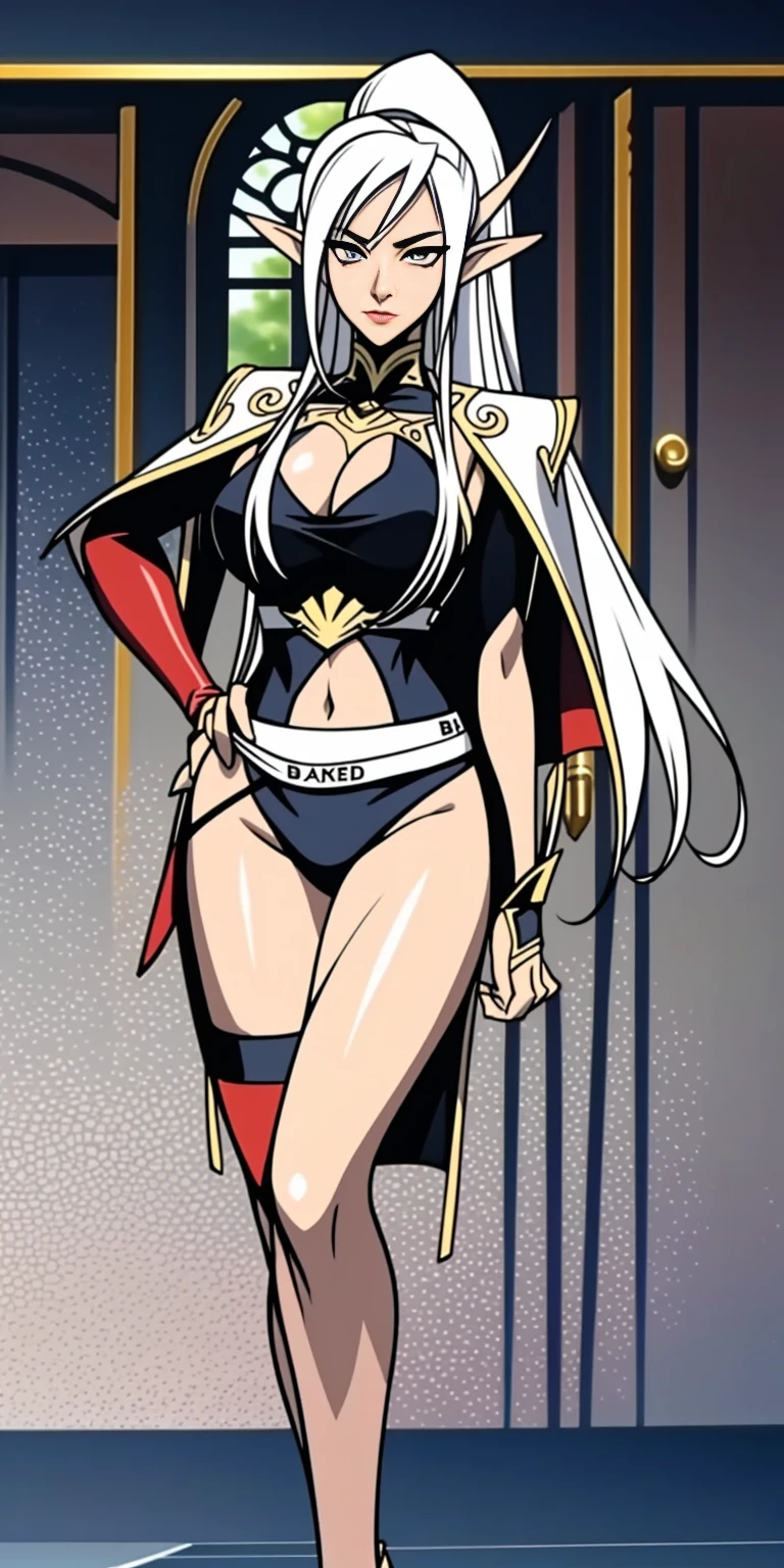 extremely long hair , ponytail, perfect anatomy 1 girl tall solo, slim thick, ((muscular)) high elf toned body, silver breast plate, blue cape, slender abs, hourglass waist, detailed face, defined cheekbones, puffy lips, gauntlets, gold crown, shadow over eyes, looking at viewer, masterpiece, white thigh highs lingerie, high heels