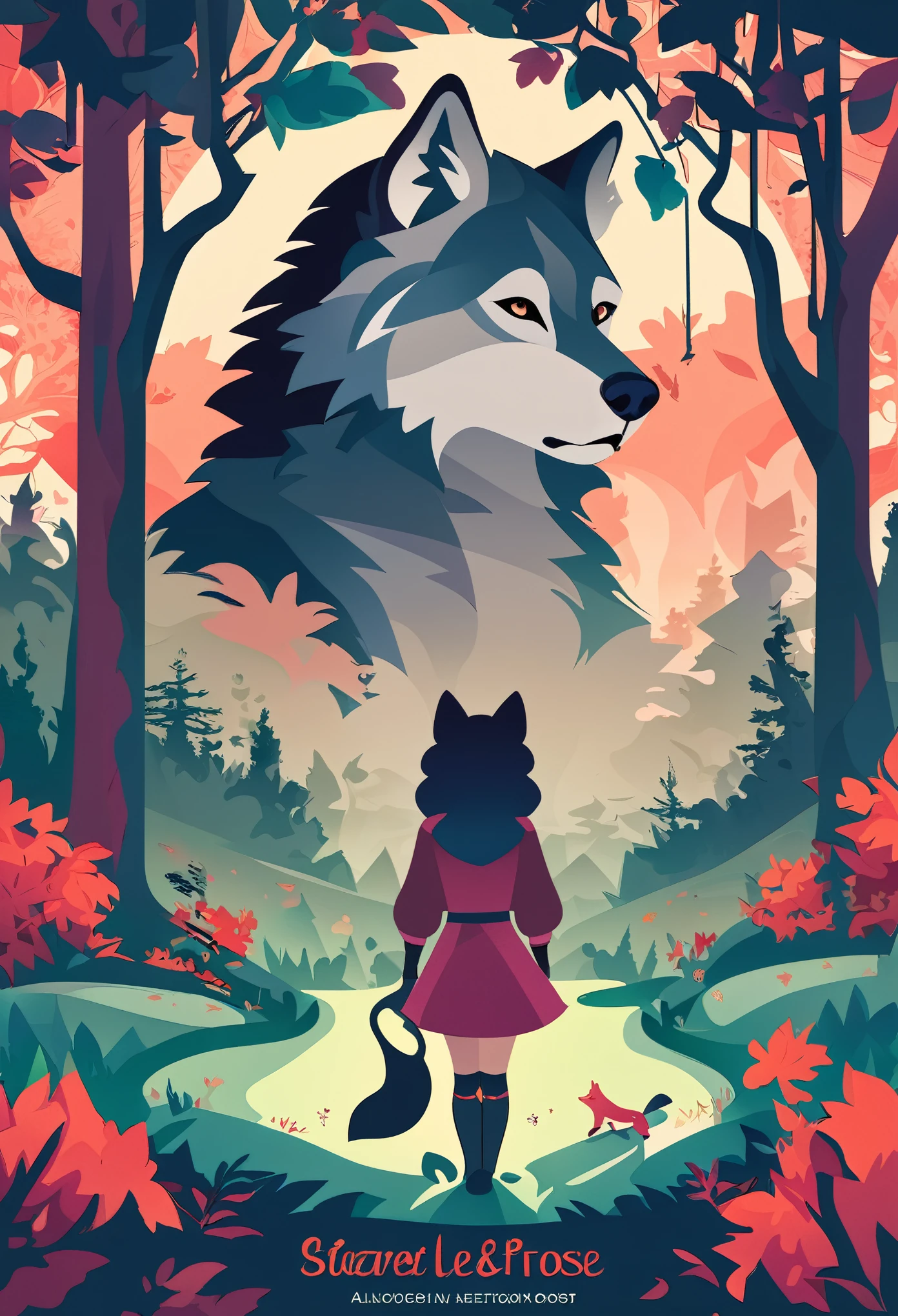 cover page, A girl and a wolf meet in the forest, flat Design, vector illustrations, graphic illustration, detailed 2d illustration, flat illustration, digital illustration, digital artwork,
