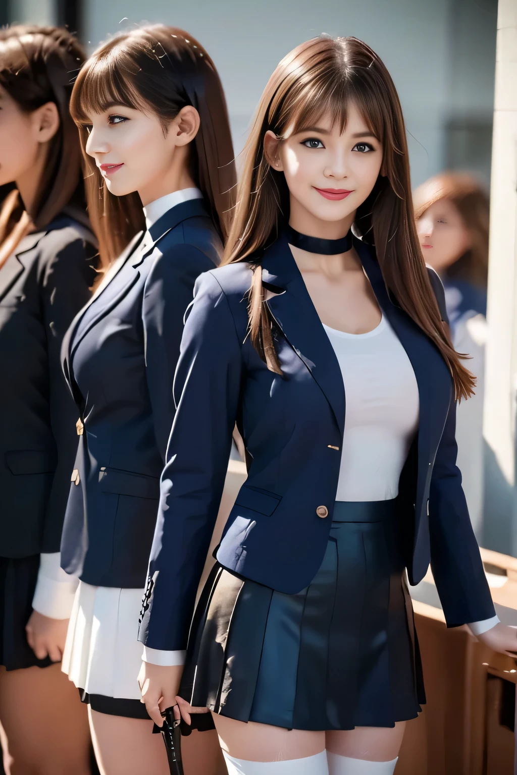 ((masterpiece, High resolution)), ((Thousands, crowd)), girl, group, clone, (( brown haired girl, blonde girl)), elegant, rich girl, Emotionless, Arms at sides, Straight spine, (((Matching outfits, Same clothes, Navy blue uniform, Sexy Uniform, Navy Blue Blazer, Short skirt, White knee socks, Long white socks, Black high heels))), Standing side by side, shoulder to shoulder, Same pose, The sisters are lined up in an orderly fashion, Many lines, crowd Shot, ((Black Choker, blue eyes, Very long eyelashes, bangs, Big Breasts, smile))，slim、lecture hall、((See-through shirt, Big Breasts))，lecture