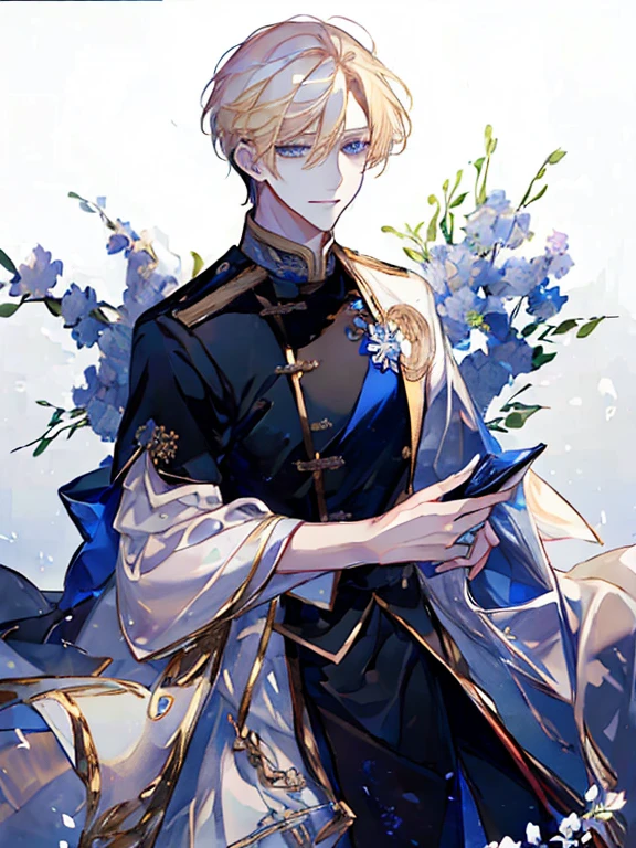 ((masterpiece:1.2、top-quality))、((Two men))、blonde hair、blue eyess(a handsome:1.4)、Guys only:1.3、Uniforms、royalty、Black Knight、Short black hair、Golden Eyes、Scar on the right eye、Black Armor、Fantasia、blooming flowers、sunlights、Fantastic Light and Shadow、landscapes、extra detailed face、portraitures、A smile