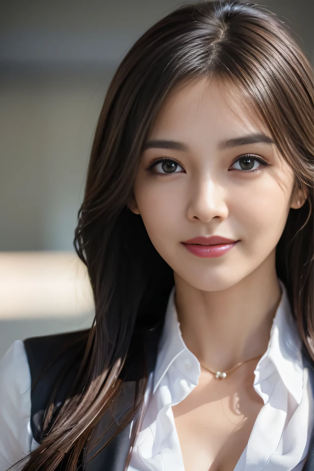 Tabletop, highest quality, Realistic, Very detailed, finely, High resolution, 8k wallpaper, One beautiful woman,, Light brown messy long hair, Wear a business suit, Sharp focus, Perfect dynamic composition, Finely beautiful eyes, Thin Hair, Detailed and Realistic skin texture, smile, Close-up portrait, Model Body Type