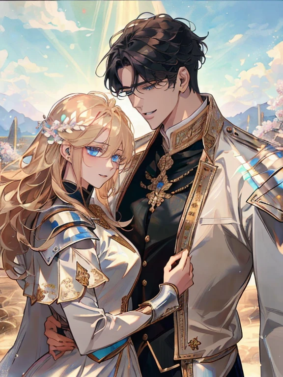 ((​masterpiece:1.2、top-quality))、((Two men))、blonde  hair、blue eyess(a handsome:1.4)、Guys only:1.3、Uniforms、royalty、Black Knight、Short black hair、Golden Eyes、Scar on the right eye、Black Armor、Fantasia、blooming flowers、sunlights、Fantastic Light and Shadow、landscapes、extra detailed face、portraitures、A smile