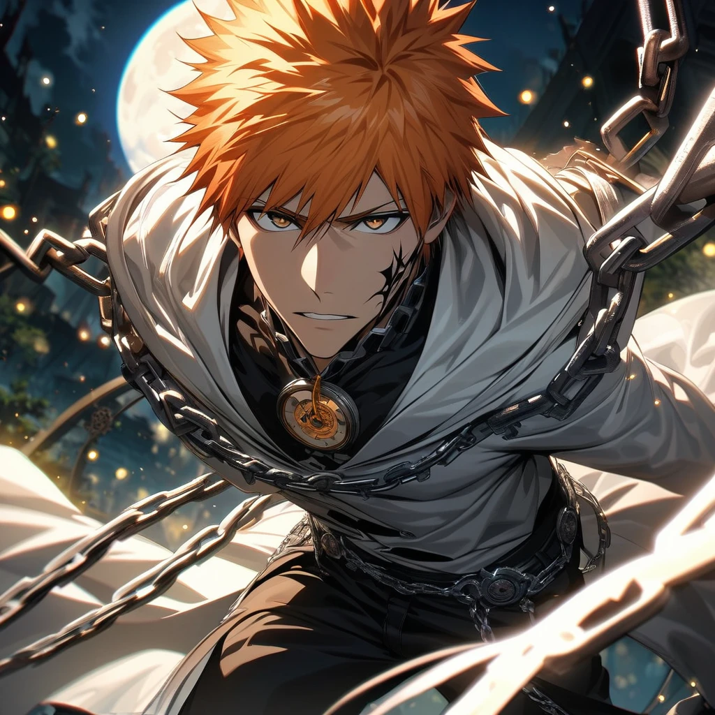 absurdres, highres, ultra detailed, HDR, master piece, best quality, extremely detailed face and eyes, perfect face, Kurosaki Ichigo, expressive brown eyes, orange hair, bleach, solo, sexy man, handsome, white coat, black pants, clock mechanical moon, fantasy, chains, fireflies