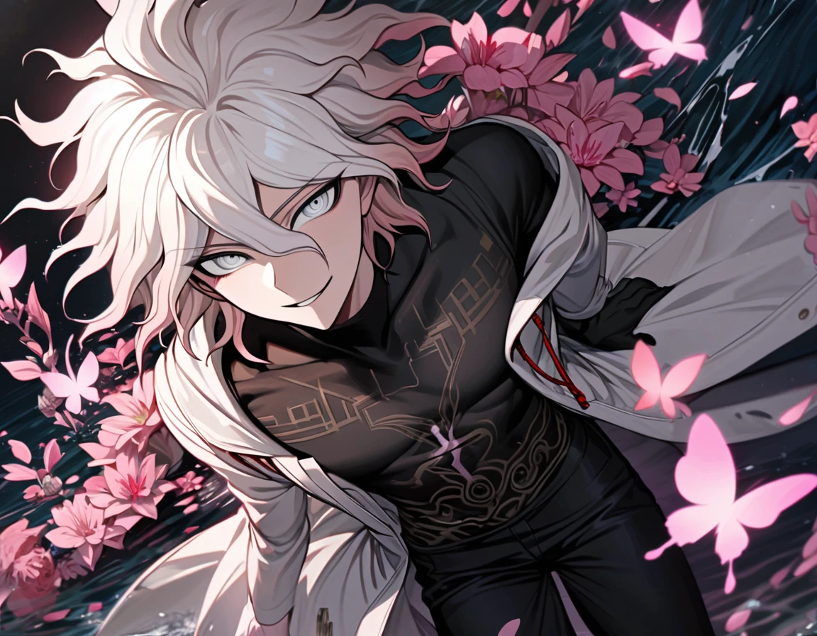 Ultra detailed, Highres, absurdres, HDR, Uzui Tengen, white hair, medium length hair, expressive maroon eyes, black scarf with patterns, white kimono, Kimetsu No Yaiba, glittering red butterflies, petals, handsome, sexy man, solo, very detailed eyes and face, master piece, toned chest, glittering, fantasy, red forest, glass sculptures, red background