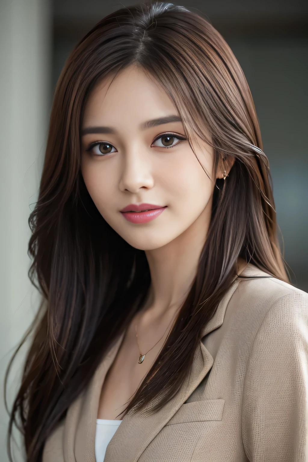 Tabletop, highest quality, Realistic, Very detailed, finely, High resolution, 8k wallpaper, One beautiful woman,, Light brown messy long hair, Wear a business suit, Sharp focus, Perfect dynamic composition, Finely beautiful eyes, Thin Hair, Detailed and Realistic skin texture, smile, Close-up portrait, Model Body Type