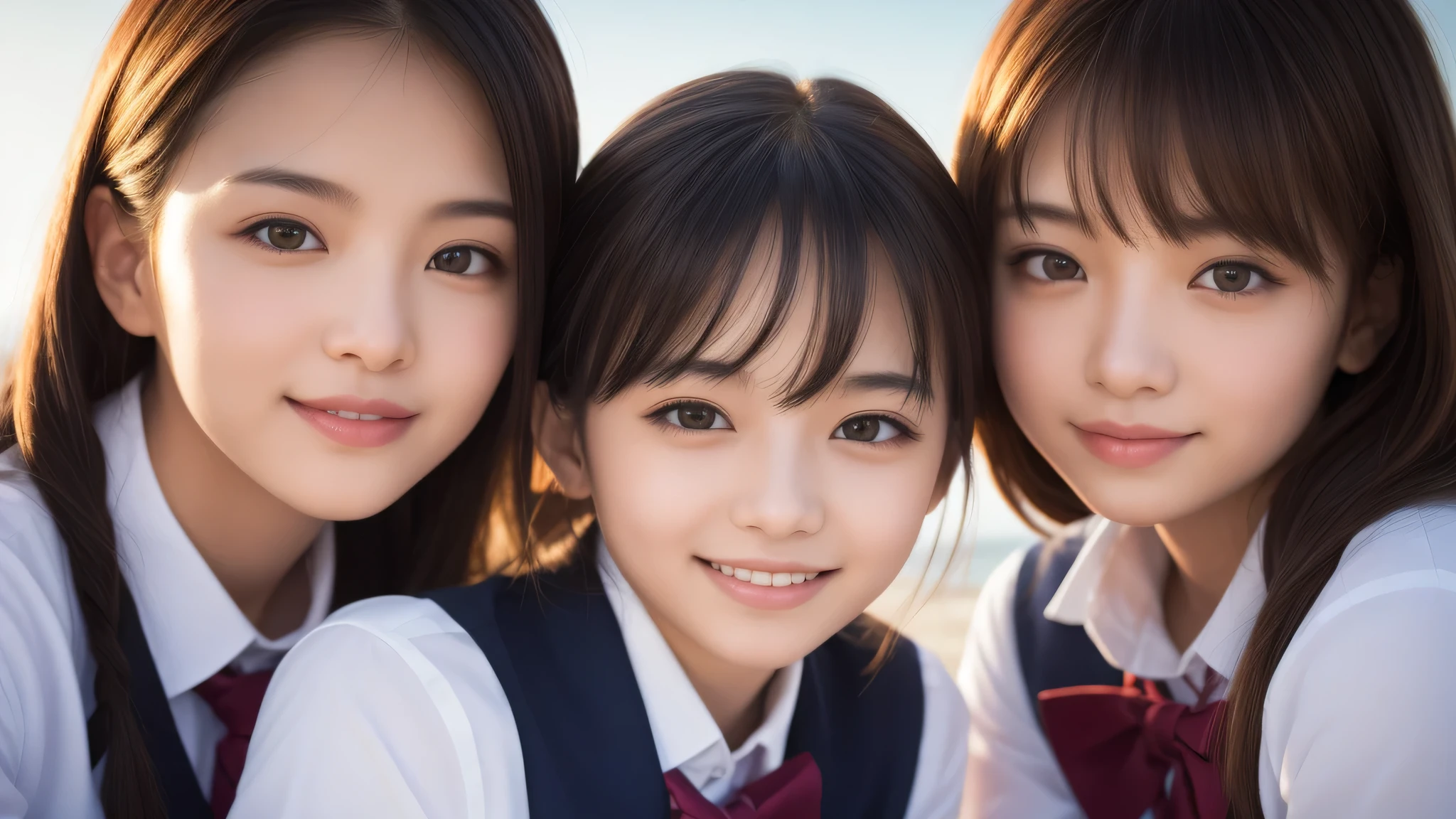 (3girl:1.2), (Medium Hair:1.3). enchanting smile, (Best Quality:1.4), Realistic, extremely detailed CG unified 8k wallpaper, highly detailed, High-definition raw color photos, professional photography, Realistic portrait, Cinematic Light, Beautiful detailed, Beautiful breasts, (Fine face:1.2), Close up portrait of girl, (high school uniform:1.2), Outdoors, (beach), sunset, beautiful, backlit, silhouette, sky dyed orange