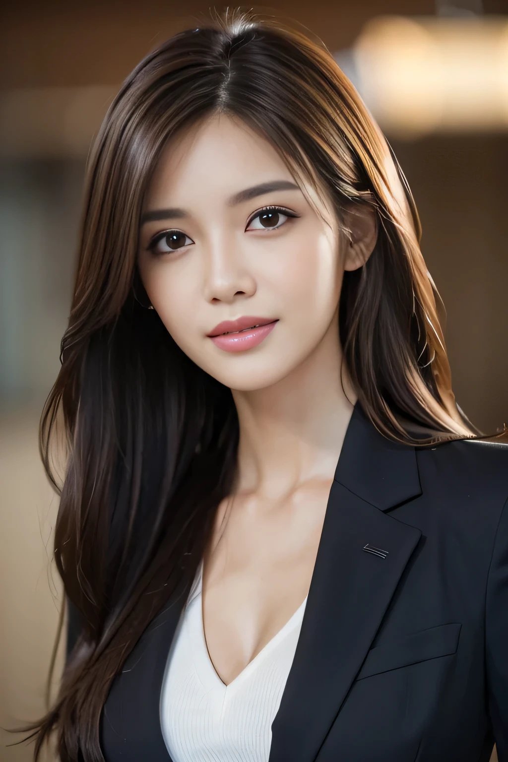 Tabletop, highest quality, Realistic, Very detailed, finely, High resolution, 8k wallpaper, One beautiful woman,, Light brown messy long hair, Wear a business suit, Sharp focus, Perfect dynamic composition, Finely beautiful eyes, Thin Hair, Detailed and Realistic skin texture, smile, Close-up portrait, Model Body Type