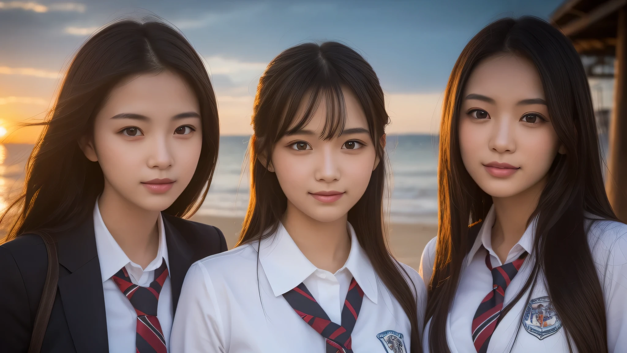 (3girl:1.2), (Medium Hair:1.3). enchanting smile, (Best Quality:1.4), Realistic, extremely detailed CG unified 8k wallpaper, highly detailed, High-definition raw color photos, professional photography, Realistic portrait, Cinematic Light, Beautiful detailed, Beautiful breasts, (Fine face:1.2), Close up portrait of girl, (high school uniform:1.2), Outdoors, (beach), sunset, beautiful, backlit, silhouette, sky dyed orange