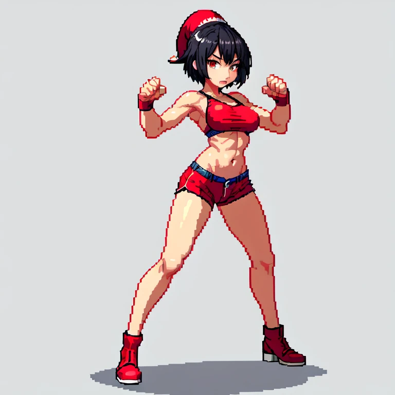 (masterpiece, top quality, best quality), pixel,pixel art,1girl,hat,red thong,short skirt,black hair,punch power,full body,
