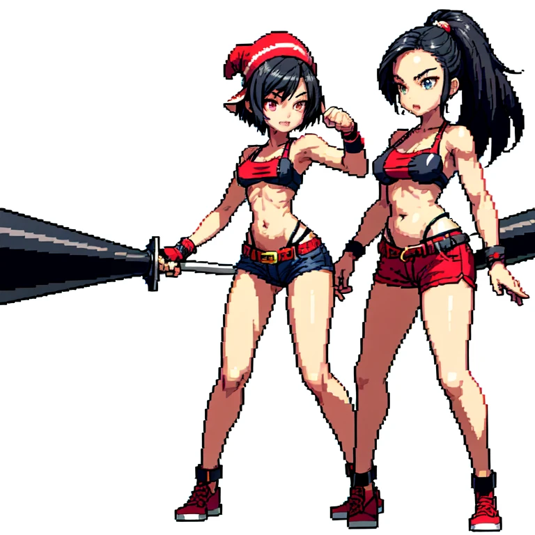 (masterpiece, top quality, best quality), pixel,pixel art,1girl,hat,red thong,short pants,black hair,punch power,full body, 
 