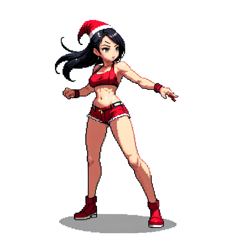 (masterpiece, top quality, best quality), pixel,pixel art,1girl,hat,red thong,short pants,black hair,punch power,full body,