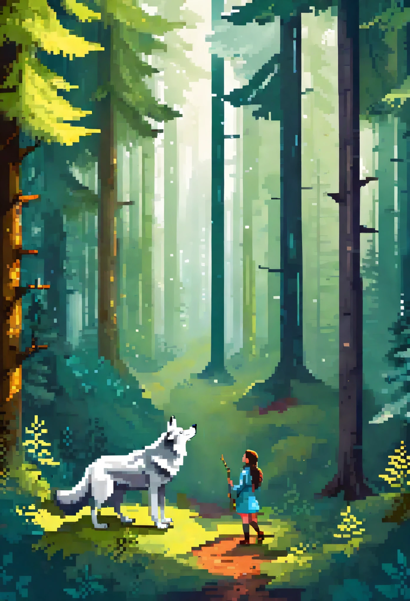 cover page, A girl and a wolf meet in the forest, flat Design, vector illustrations, graphic illustration, detailed 2d illustration, flat illustration, digital illustration, digital artwork,