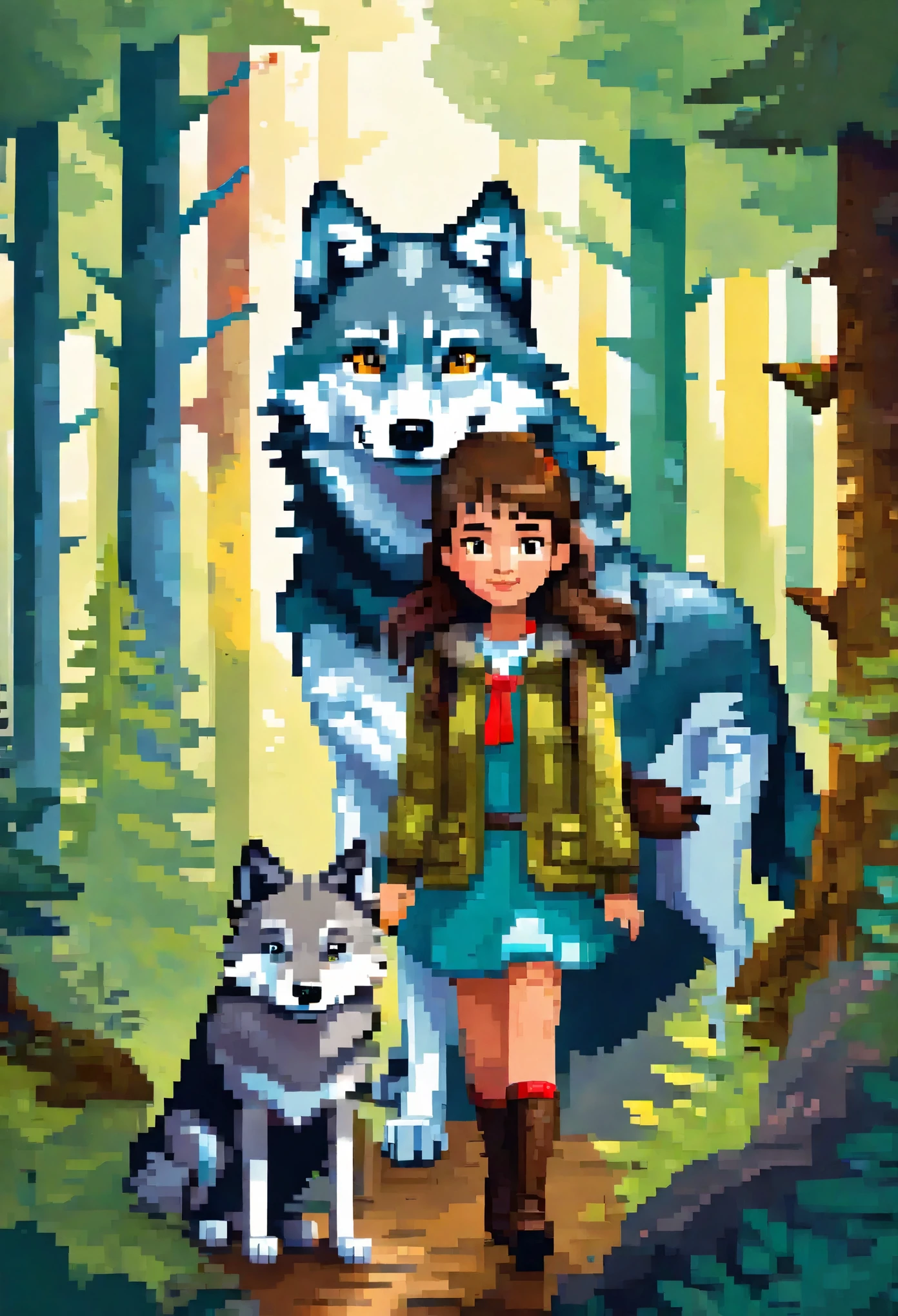 cover page, A girl and a wolf meet in the forest, flat Design, vector illustrations, graphic illustration, detailed 2d illustration, flat illustration, digital illustration, digital artwork,