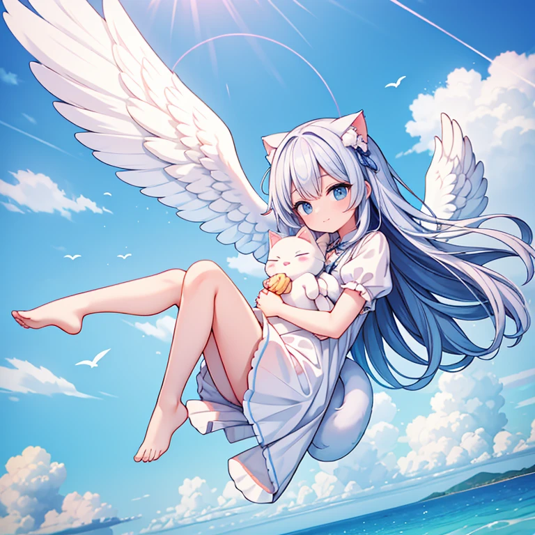 Sweet angel girl is floating among the clouds carrying a cute soft cat in her arms.