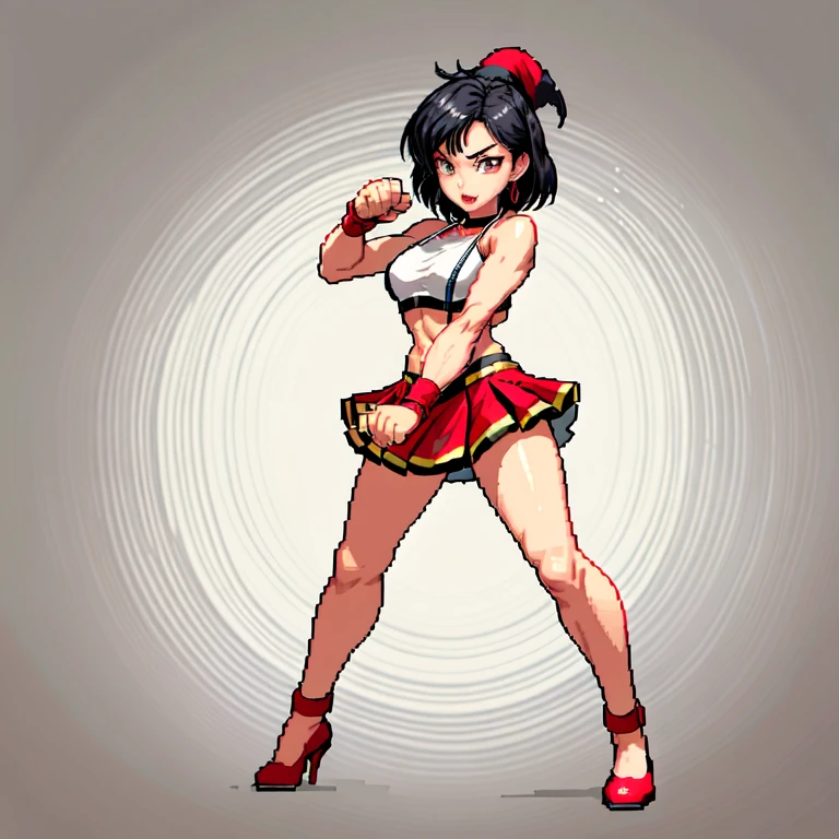 (masterpiece, top quality, best quality), pixel,pixel art,1girl,hat,red thong,short skirt,black hair,punch power,full body,