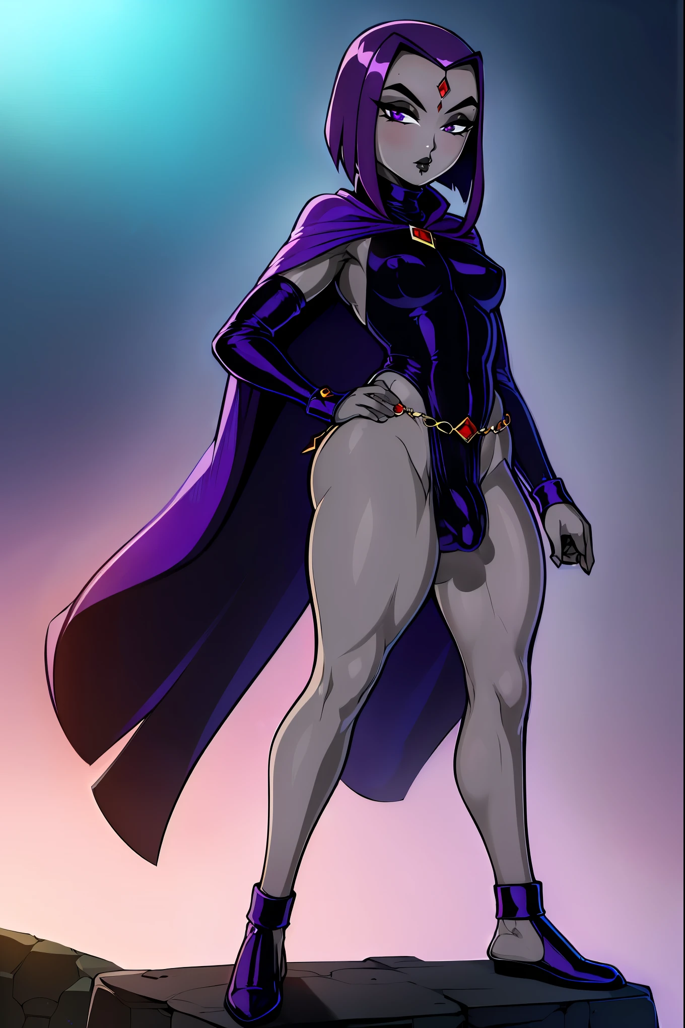 (solo:1.1),(masterpiece), (best quality:1.3), ultra detailed, intricate, professional art, digital art, absurdres, shadraven, (Full body view:1.1), 1girl, solo, (grey skin:1.4), dark purple hair, bob hair, purple eyes, hips wider than shoulders, pear shaped body, jewellery, detailed thighs, thick thighs, red jewel in forehead, jewels, (long sleeved turtleneck leotard:1.3), cuffs, small breasts, (shadraven dark purple cloak), (Shadraven broach:1.2), (Shadraven jewel belt:1.3), Shadraven wearing a long sleeved leotard posing outside at night, long legs, ( crotch bulge:1.4), large penis, large testicles, erection under clothes, side angle view, looking at viewer, bubble butt , gluteal crease, universal lighting,,