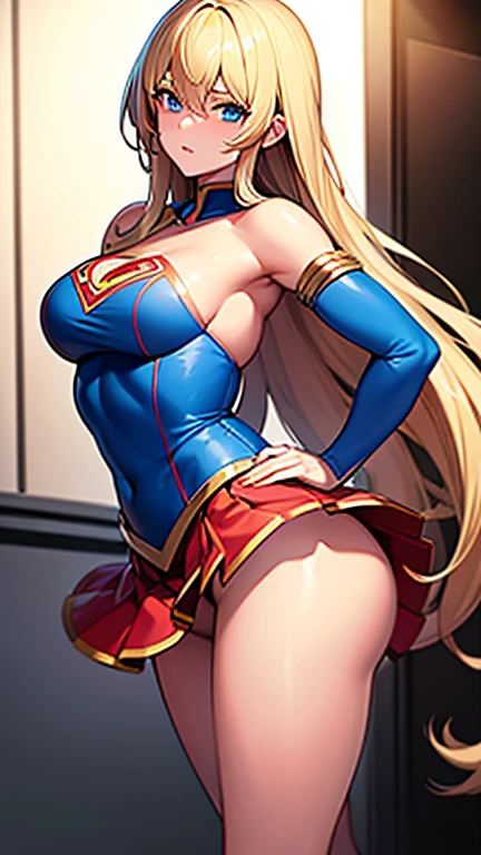 ((Best quality, Masterpiece, Nonsense)),1girll:1.9, Sexy, ( 18 years old, Expressive blue eyes, shoulder-length blonde hair, Long hair,Loose and fluffy hair),Dressed Supergirl cosplay (Super Girl Suite custom role-playing), Shortest red skirt,eechi, Terrace in 1 building, supergirl, cleavage, tiny thong, big tits, big butt, tiny top suit, sexy hero pose, hard niples, sweaty skin, side boob, side picture