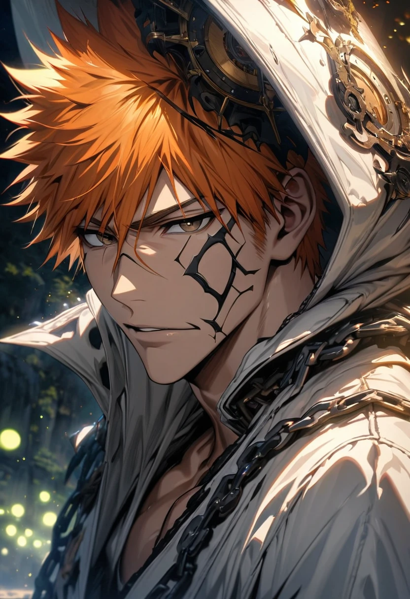 absurdres, highres, ultra detailed, HDR, master piece, best quality, extremely detailed face and eyes, perfect face, Kurosaki Ichigo, expressive brown eyes, orange hair, bleach, solo, sexy man, handsome, white coat, black pants, clock mechanical moon, fantasy, chains, fireflies