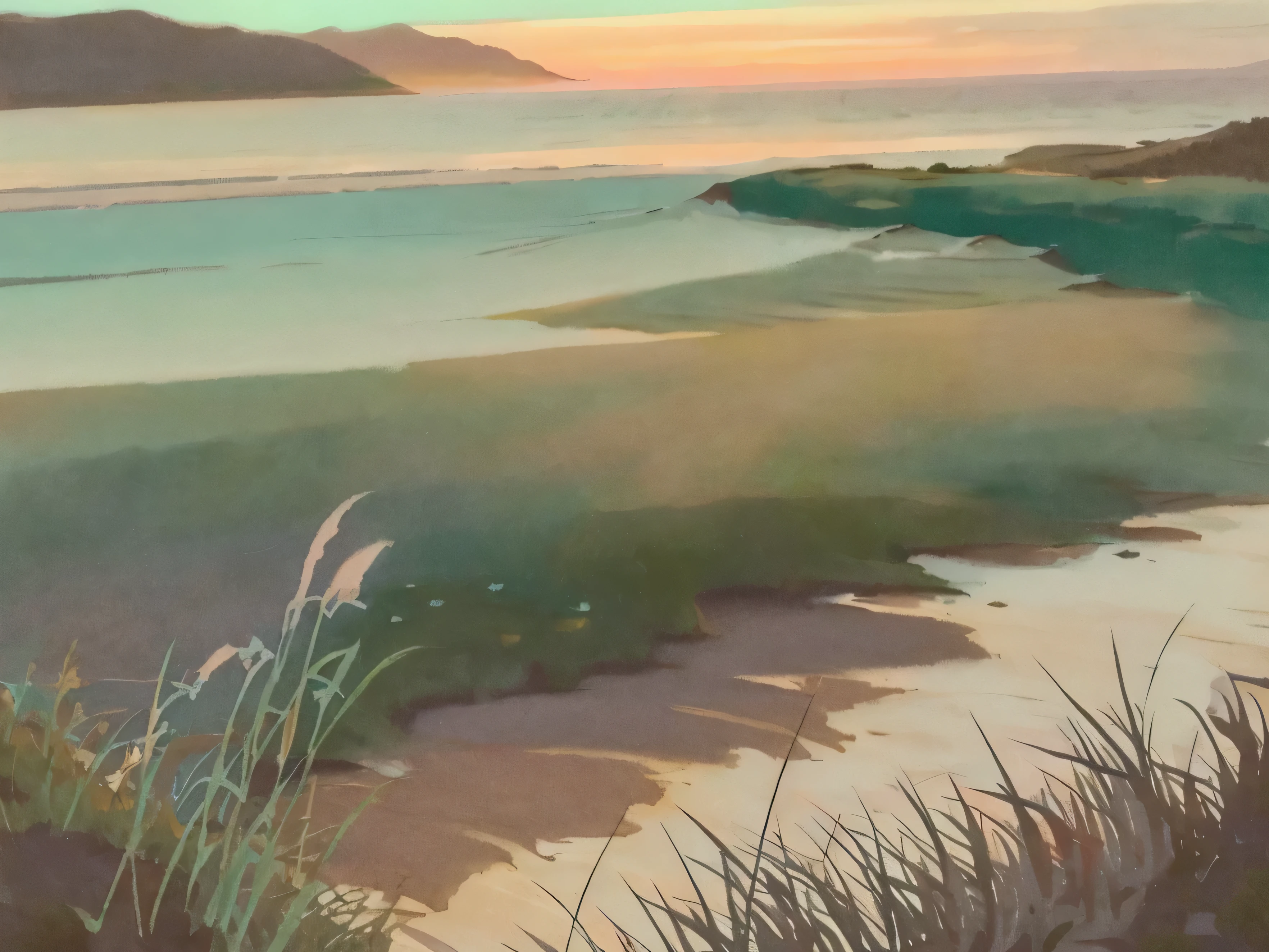 Hiroshi Yoshida style, pastel colors, beach landscape, sunset, long grasses, very detailed 