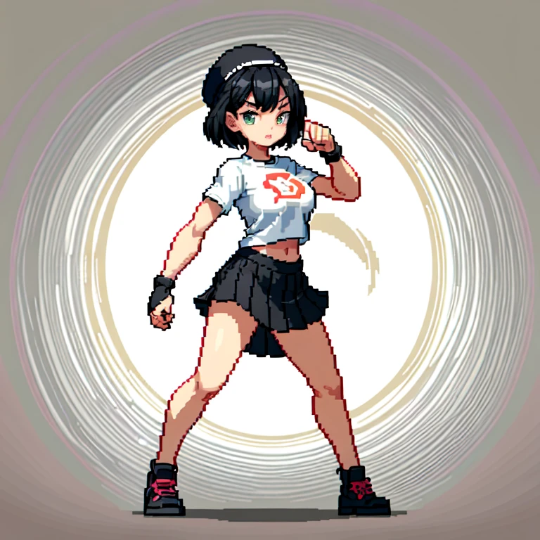 (masterpiece, top quality, best quality), pixel,pixel art,1girl,hat,white tshirt,short skirt,black hair,punch power,full body,
