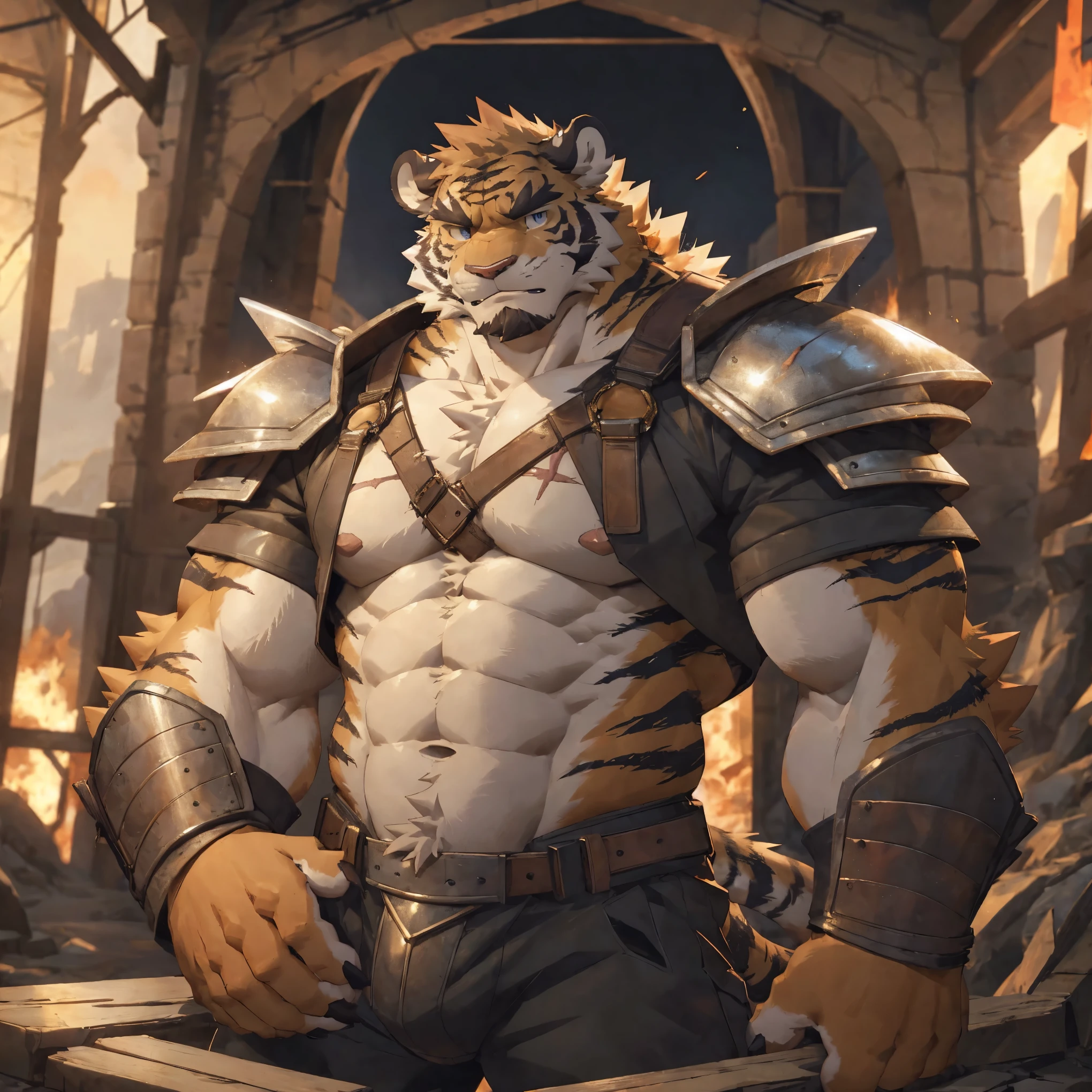 masterpiece, absurdres, 4k, game CG,high resolution, bad anatomy,
by zixiong,by Takemoto_arashi,
furry, male, muscular, scar, rider, armor, serious,
front,looking at viewer,tiger beastman