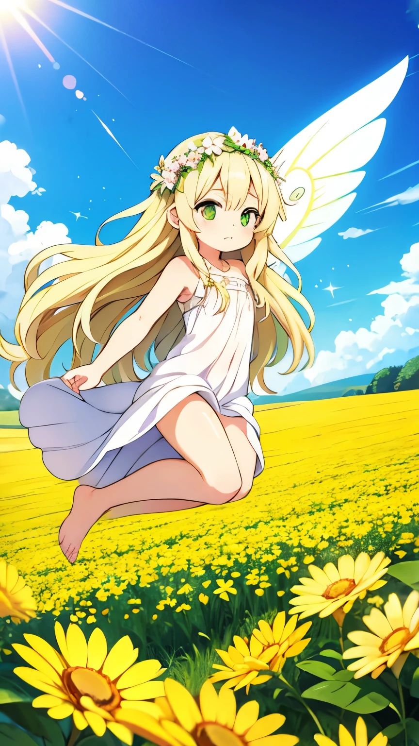 Girl Fairy,Platinum blonde wavy hair,Super Long Hair,Wearing a flower crown,Yellow-green eyes,Light clothing,Flying in the sky,Flower Field